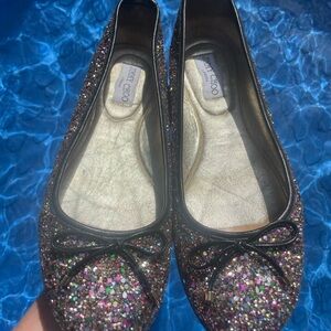 Jimmy Choo Black Glitter Flats with Bows